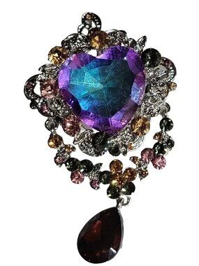 3D Faceted Heart Pendant Brooch Silver Filigree Multicolor Crystals Teardrop